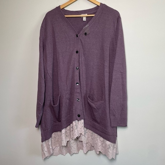 LOGO Lori Goldstein Button Front Lace Trim Hi-Low Knit Cardigan Sweater - Picture 2 of 6